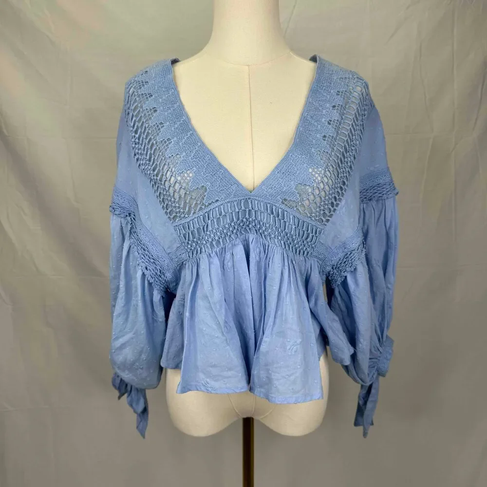 Free People Drive You Mad Blouse Blue Crochet Puff Sleeve Southern Bell Western